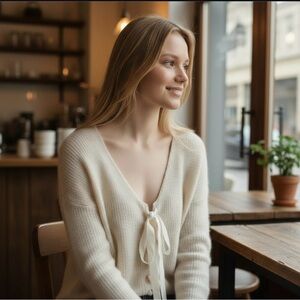 Sezane Cassie Tie Front V- Neck Sweater, Cream, XS